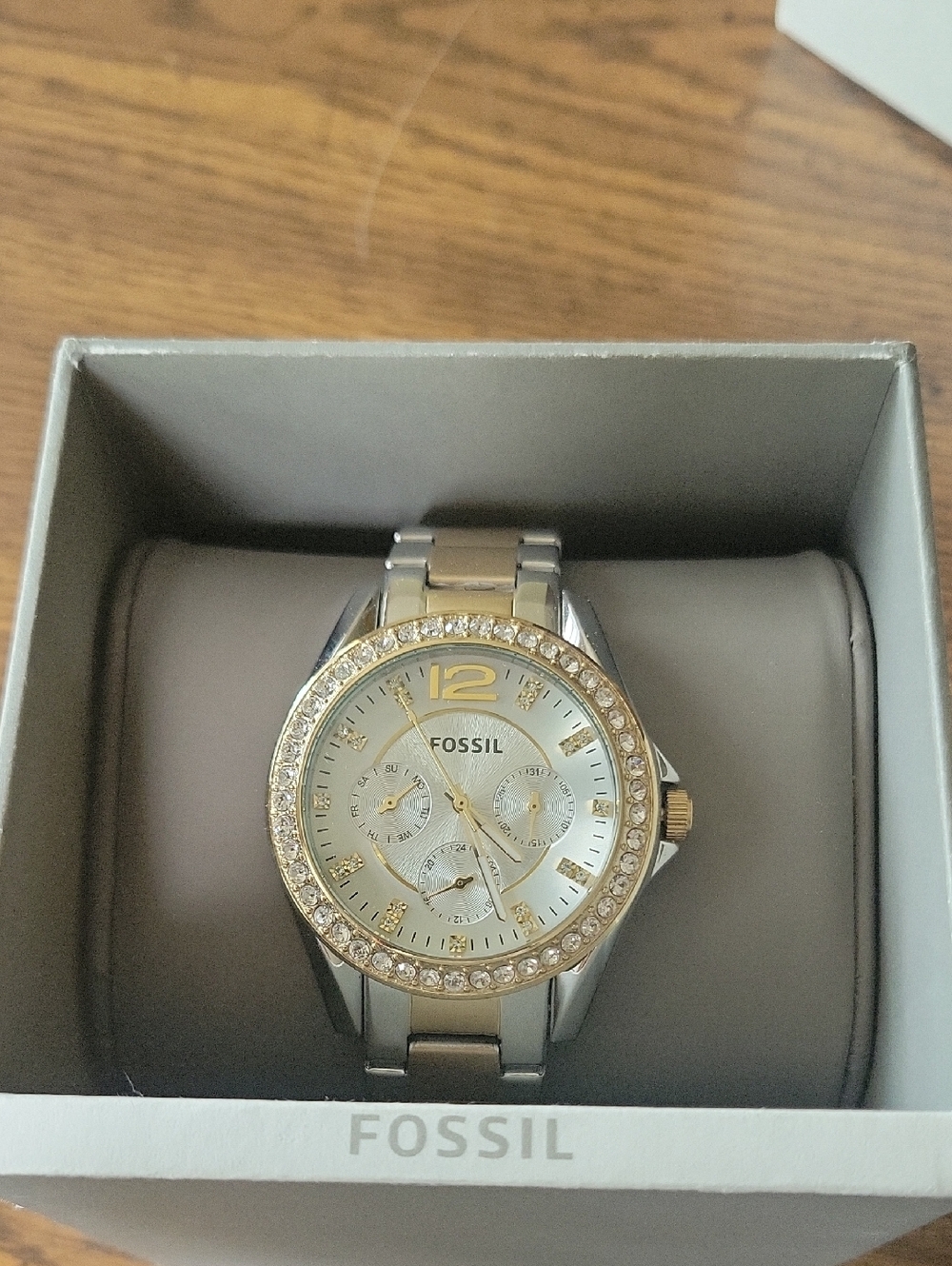 Fossil Two-Tone Silver and Gold Crystal Bezel Women's Watch
